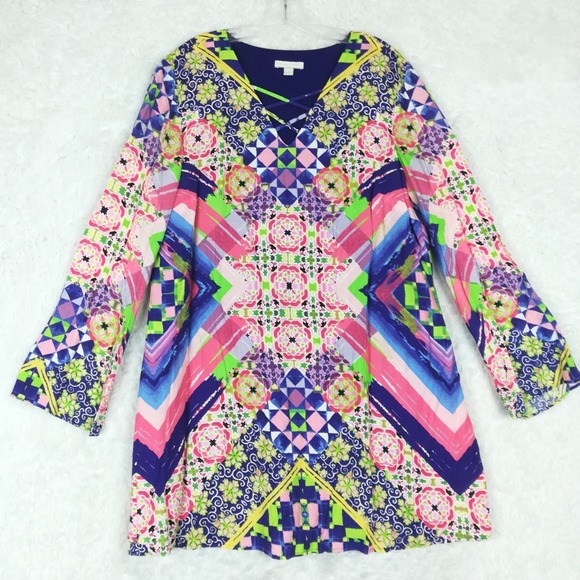 New York & Company Dresses & Skirts - New York & Co Womens Dress Mini Mandala Print Long Sleeve Colorful‎ Bright XL